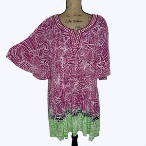 Catherines Crinkle Tunic Top Sz 2X Pink Green Floral Beaded Neck Vacation Resort
